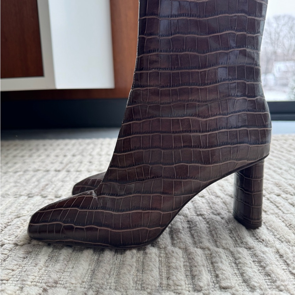 Reformation Brown Croc-Embossed Ankle Boots